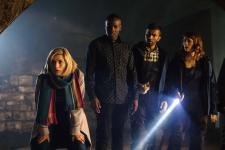 Resolution: The Doctor (JODIE WHITTAKER), Ryan (TOSIN COLE), Mitch (NIKESH PATEL), Lin (CHARLOTTE RITCHIE) (Credit: BBC/Sophie Mutevelian)