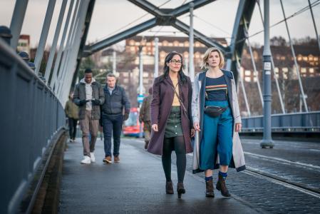  Arachnids In The UK: Ryan (Tosin Cole), Graham (Bradley Walsh), Jade (Tanya Fear), The Doctor (Jodie Whittaker) (Credit: BBC Studios (Ben Blackall))