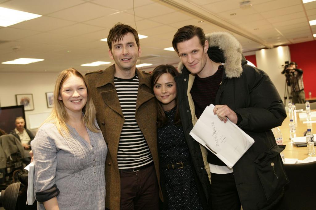 Joanna Page, David Tennant, Jenna-Louise Coleman and Matt Smith at the 50th Anniversary Special readthrough (Credit: BBC)