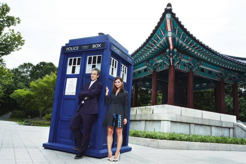 Peter Capaldi, Jenna Coleman and the TARDIS at the historic Bosingak Bell at the National Museum of Korea. Photo: BBC Worldwide