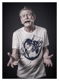 Sir John Hurt models a Vivienne Westwood-designed t-shirt for the Save the Arctic collection, shot by celebrity photographer Andy Gotts MBE (Credit: Andy Gotts MBE/Greenpeace)