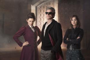 Peter Capaldi, Jenna Coleman and Michelle Gomez as The Doctor, Clara and Missy in The Magician's Apprentice (Credit: BBC/Simon Ridgway)