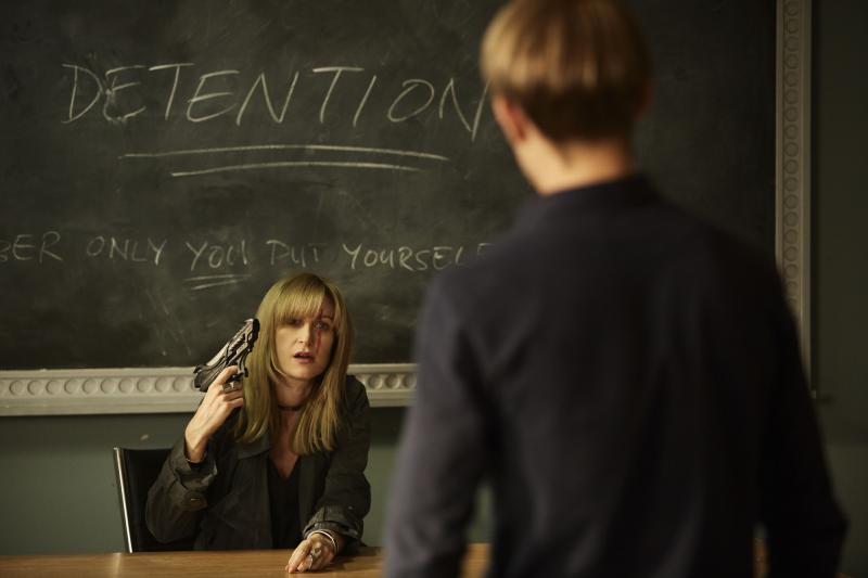 Class - Ep6 - Detained - Miss Quill (KATHERINE KELLY), Charlie (GREG AUSTIN) (Credit: BBC/Simon Ridgeway)