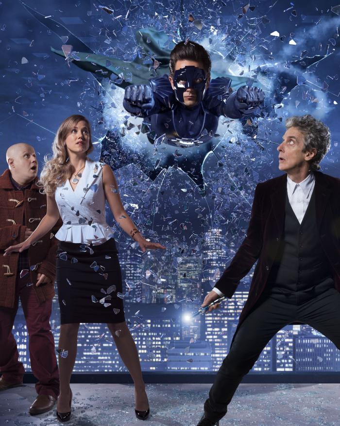 Nardole (MATT LUCAS), Lucy Fletcher (CHARITY WAKEFIELD), The Ghost (JUSTIN CHATWIN), The Doctor (PETER CAPALDI)  (Credit: BBC / Ray Burmiston)