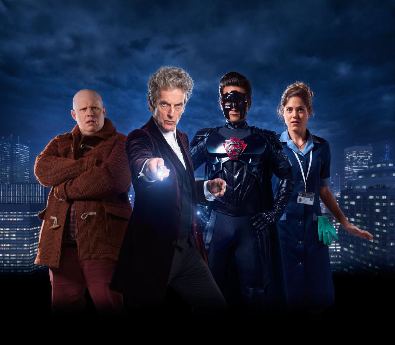 The Return of Doctor Mysterio  - Nardole (MATT LUCAS), Doctor Who (PETER CAPALDI), The Ghost (JUSTIN CHATWIN), Lucy Fletcher (CHARITY WAKEFIELD) (Credit: BBC)