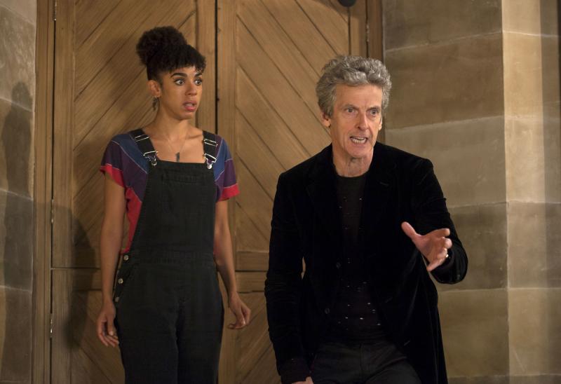 Knock Knock Bill (PEARL MACKIE), The Doctor (PETER CAPALDI) (Credit: BBC/BBC Worldwide (Jon Hall))
