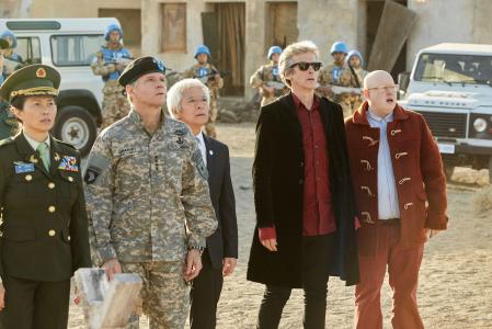 The Pyramid At The end Of The World: Xiaolian (Daphne Cheung), The Commander (Nigel Hastings), Secretary General (Togo Igawa), The Doctor (Peter Capaldi), Nardole (Matt Lucas) (Credit: BBC/BBC Worldwide (Simon Ridgway))