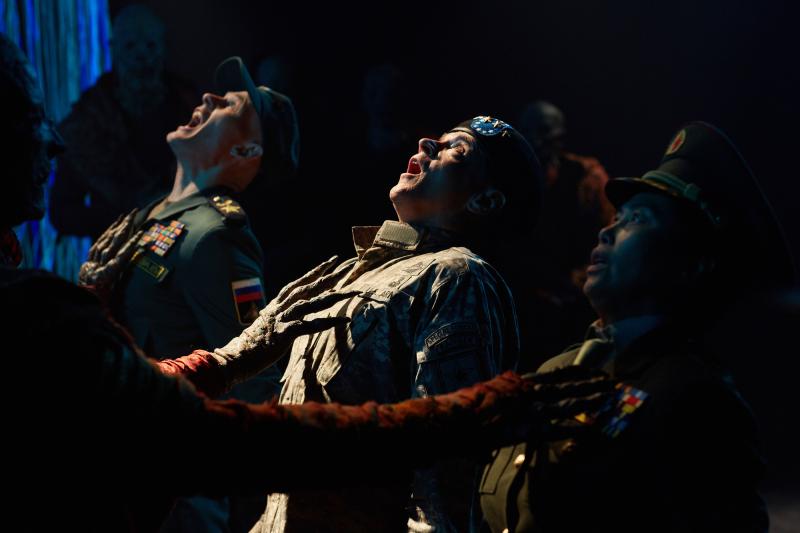 The Pyramid At The end Of The World: Ilya (Andrew Byron), The Commander (Nigel Hastings), Xiaolian (Daphne Cheung) (Credit: BBC/BBC Worldwide (Simon Ridgway))