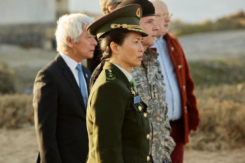 The Pyramid At The end Of The World: Secretary General (Togo Igawa), Xiaolian (Daphne Cheung), The Commander (Nigel Hastings), Nardole (Matt Lucas) (Credit: BBC/BBC Worldwide (Simon Ridgway))