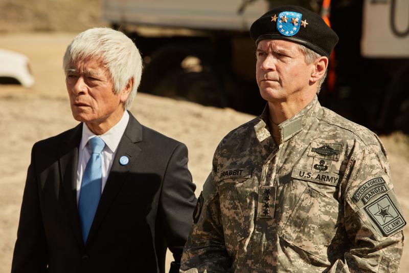 The Pyramid At The end Of The World: Secretary General (Togo Igawa), The Commander (Nigel Hastings) (Credit: BBC/BBC Worldwide (Simon Ridgway))