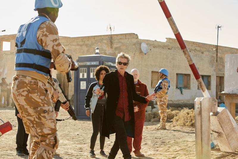 The Pyramid At The end Of The World: Bill (Pearl Mackie), The Doctor (Peter Capaldi), Nardole (Matt Lucas) (Credit: BBC/BBC Worldwide (Simon Ridgway))
