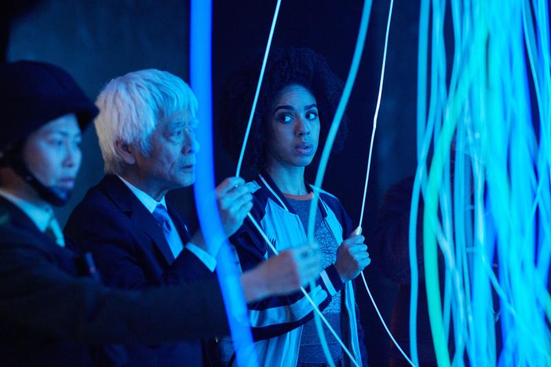 The Pyramid At The end Of The World: Xiaolian (Daphne Cheung), Secretary General (Togo Igawa), Bill (Pearl Mackie) (Credit: BBC/BBC Worldwide (Simon Ridgway))