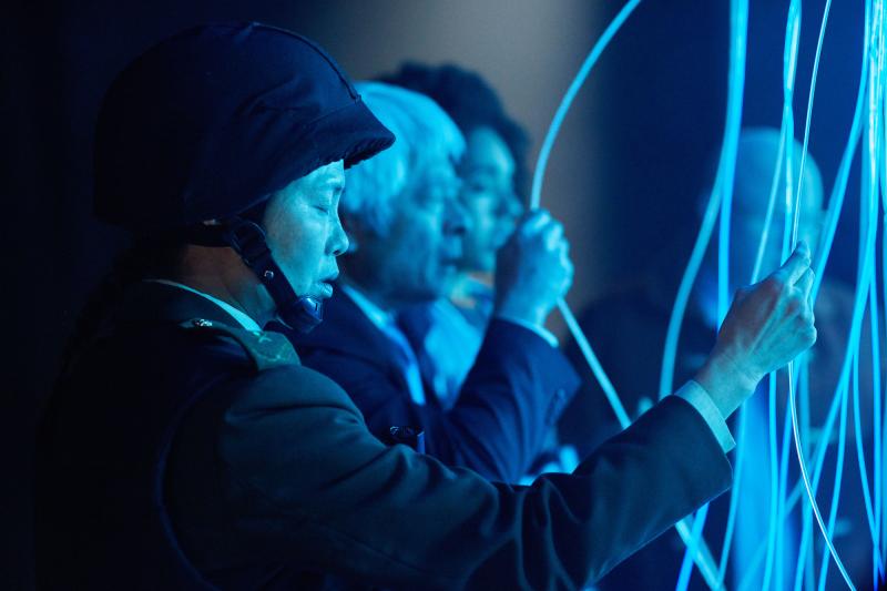 The Pyramid At The end Of The World: Xiaolian (Daphne Cheung), Secretary General (Togo Igawa), Bill (Pearl Mackie) (Credit: BBC/BBC Worldwide (Simon Ridgway))