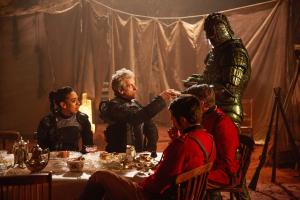 Empress of Mars: Bill (Pearl Mackie), The Doctor (Peter Capaldi), Catchlove (Ferdinand Kingsley), Godsacre (Anthony Calf), Friday (Richard Ashton) (Credit: BBC/BBC Worldwide (Simon Ridgway))
