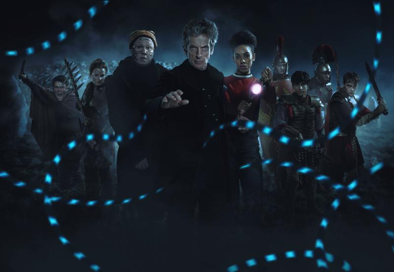 The Eaters of Light: Ban (Daniel Kerr), Kar (Rebecca Benson), Nardole (Matt Lucas), The Doctor (Peter Capaldi), Bill (Pearl Mackie), Thracius (Ben Hunter), Marcus (Aaron Phagura), Vitus (Sam Adewunmi), Lucius (Brian Vernel) (Credit: BBC/BBC Worldwide (Simon Ridgway))