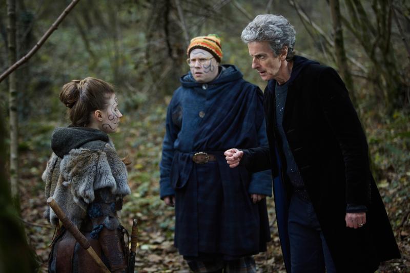 The Eaters of Light: Kar (Rebecca Benson), Nardole (Matt Lucas), The Doctor (Peter Capaldi) (Credit: BBC/BBC Worldwide (Simon Ridgway))