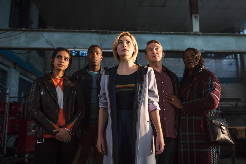 The Woman Who Fell to Earth: Yaz (Mandip Gill), Ryan (Tosin Cole), The Doctor (Jodie Whittaker), Graham (Bradley Walsh), Grace (Sharon D Clarke) (Credit: BBC/BBC Worldwide (Sophie Mutevelian ))
