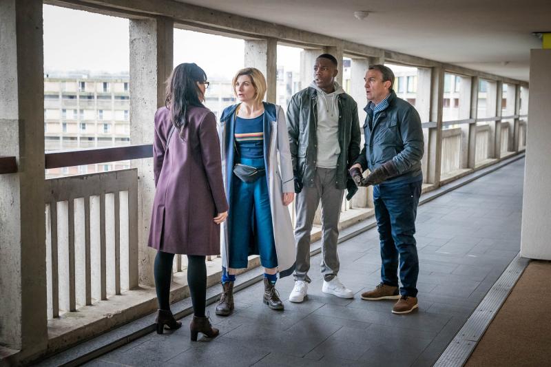  Arachnids In The UK: Jade (Tanya Fear), The Doctor (Jodie Whittaker), Ryan (Tosin Cole), Graham (Bradley Walsh) (Credit: BBC Studios (Ben Blackall))