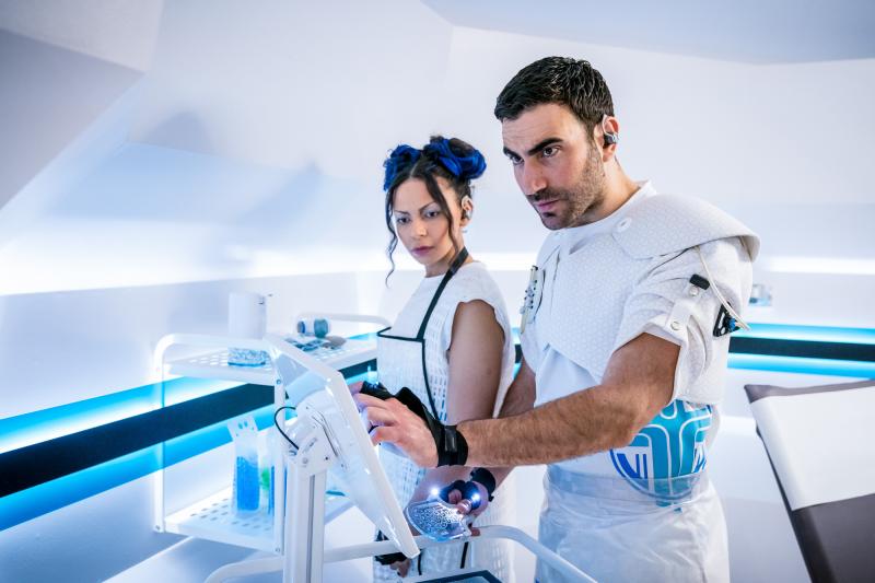 The Tsuranga Conundrum: Mabil (Lois Chimimba), Astos (Brett Goldstein) (Credit: BBC Studios (Ben Blackall))