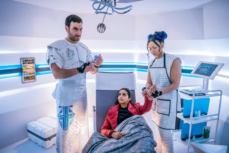 The Tsuranga Conundrum: Astos (Brett Goldstein), Yaz (Mandip Gill), Mabil (Lois Chimimba) (Credit: BBC Studios (Ben Blackall))