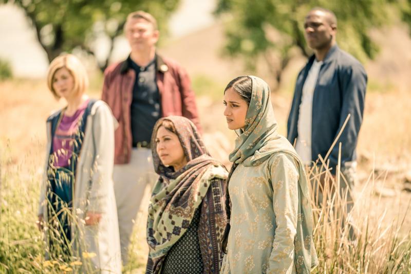 Demons Of The Punjab: The Doctor (Jodie Whittaker), Graham (Bradley Walsh), Hasna (Shaheen Khan), Umbreen (Amita Suman), Ryan (Tosin Cole) (Credit: BBC Studios (Ben Blackall))