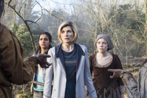  The Witchfinders: Yaz (Mandip Gill), The Doctor (Jodie Whittaker), Willa Twiston (Tilly Steele) (Credit: BBC Studios (Sophie Mutevelian ))