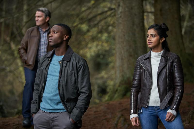  It Takes You Away: Graham (Bradley Walsh), Tosin Cole, Yaz (Mandip Gill) (Credit: BBC Studios (Simon Ridgway))