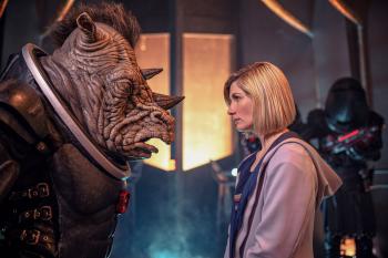 Judoon Captain, The Doctor (Jodie Whittaker) (Credit: BBC Studios (James Pardon))