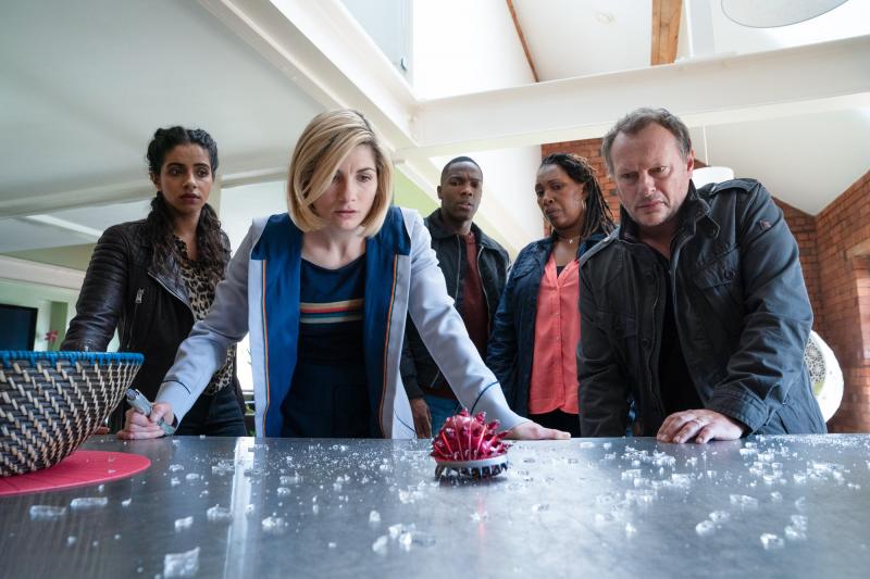 Fugitive of the Judoon: Yaz (Mandip Gill), The Doctor (Jodie Whittaker), Ryan (Tosin Cole), Ruth Clayton (Jo Martin), Lee Clayton (Neil Stuke) (Credit: BBC Studios (Ben Blackall ))