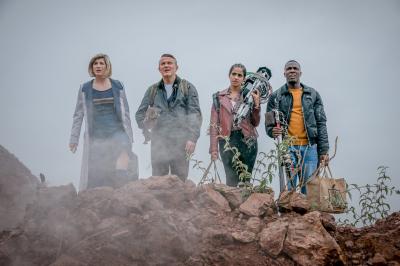 Ascension of the Cybermen: The Doctor (Jodie Whittaker), Graham (Bradley Walsh), Yaz (Mandip Gill), Ryan (Tosin Cole) (Credit: BBC Studios (Ben Blackall ))