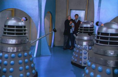 The Doctor (William Hartnell) , Susan (Carole Ann Ford) and Ian Chesterton meet The Daleks for the first time (Credit: BBC)