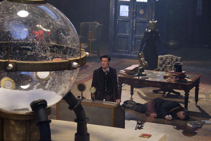 The Doctor and Vastra with Dr Simeon, as played by Matt Smith, Neve McIntosh and Richard E Grant. Image: BBC