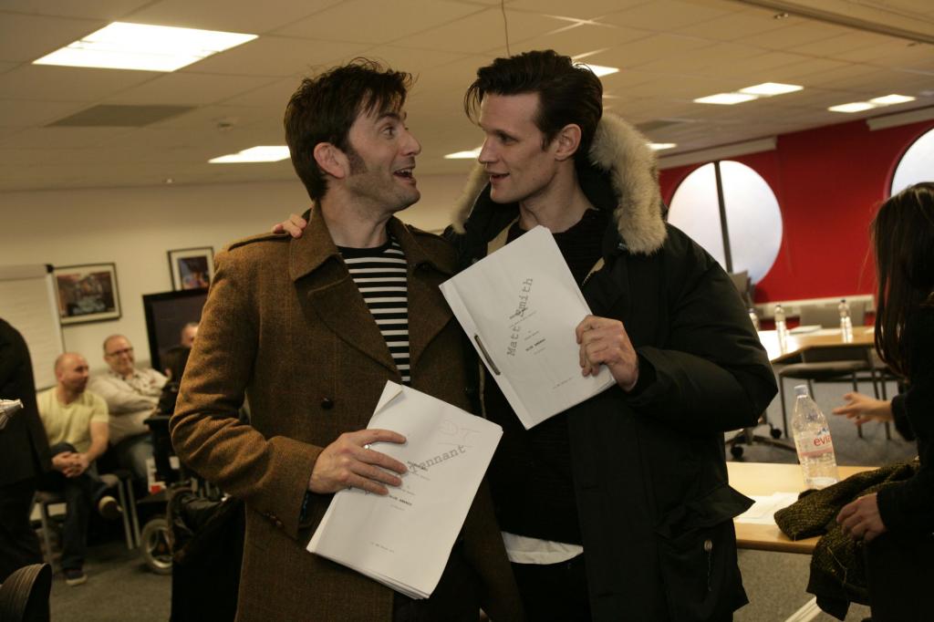 Matt Smith and David together at the 50th Anniversary Special readthrough (Credit: BBC)
