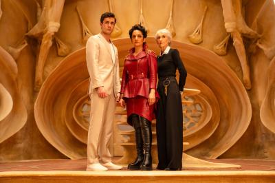 Conrad (Jonah Hauer-King) Rani (Archie Panjabi) Mrs Flood (Anita Dobson) (Credit: BBC Studios (James Pardon))