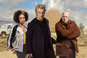 The Pyramid At The end Of The World: Bill (Pearl Mackie), The Doctor (Peter Capaldi), Nardole (Matt Lucas) (Credit: BBC/BBC Worldwide (Simon Ridgway/Des Willie/Ray Burmiston))