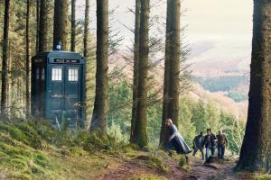  It Takes You Away: The Tardis, The Doctor (Jodie Whittaker), Ryan (Tosin Cole), Yaz (Mandip Gill), Graham (Bradley Walsh) (Credit: BBC Studios (Simon Ridgway))