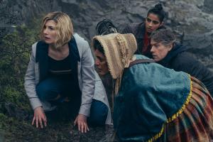 War of The Sontarans: The Doctor (Jodie Whittaker), Mary (Sara Powell), Yasmin Khan (Mandip Gill), Dan (John Bishop) (Credit: BBC Studios (James Pardon))