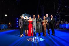 Doctor Who Christmas Launch : Joel Collins, Anita Dobson, Millie Gibson, Ncuti Gatwa , Michelle Greenidge, Angela Wynter,  Russell T Davies, Phil Collinson at the the London Eye (Credit: BBC Studios (Jonathan Birch))