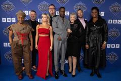 Doctor Who Christmas Launch : Angela Wynter, Joel Collins, Millie Gibson, Russell T Davies, Ncuti Gatwa, Anita Dobson, Philip Collinson and Michelle Greenidge (Credit: BBC Studios (Jeff Spicer))